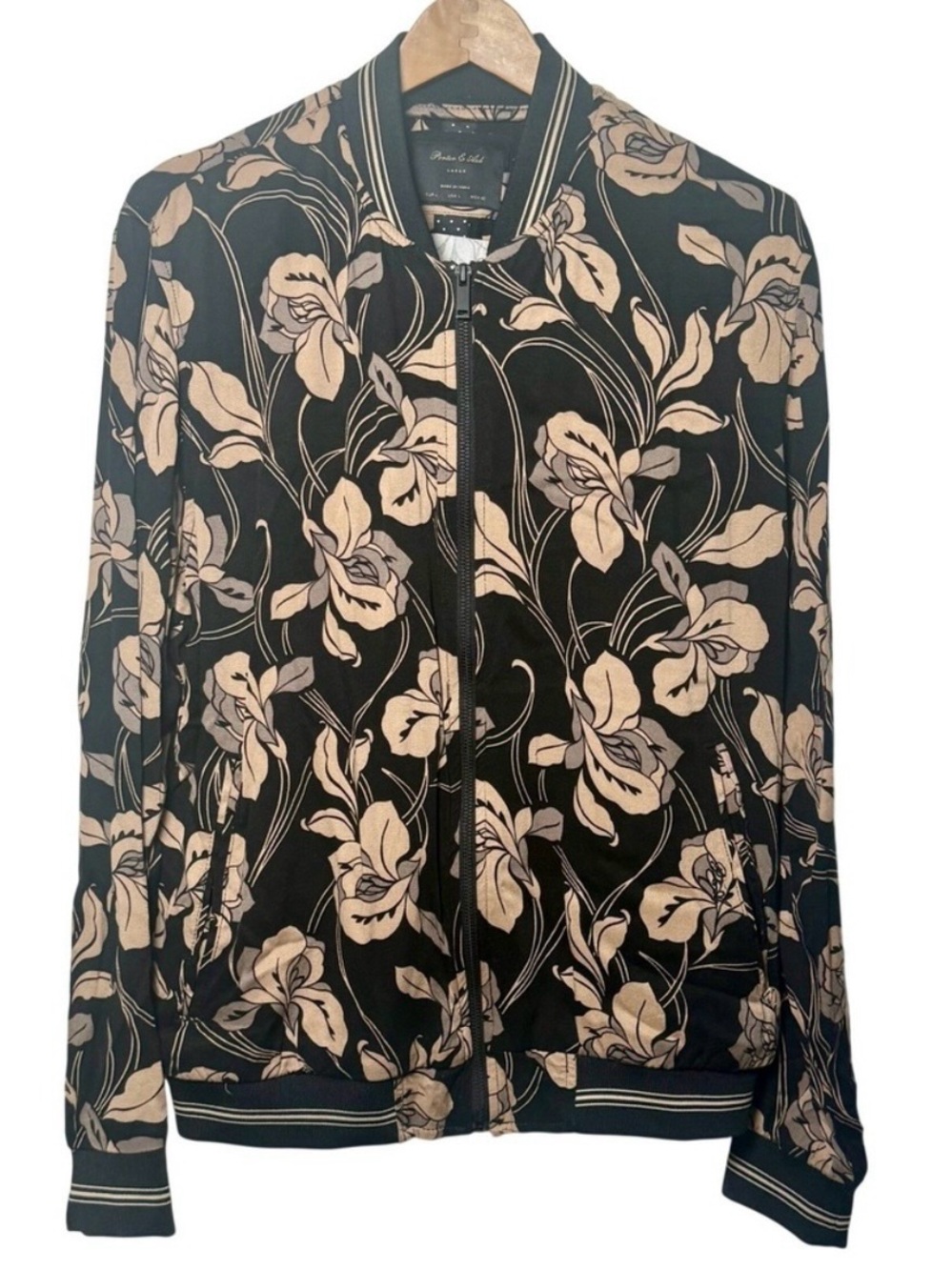 Porter & Ash Bomber Jacket Black Tan Floral Fall Transitional Layer Indie Large